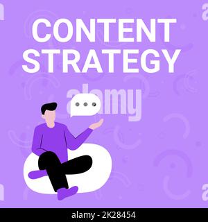 Scrittura visualizzazione testo Content Strategy. Concetto che significa creare un piano di marketing utilizzando buone foto e parole Illustrazione di un uomo d'affari seduto su Soft divano sedia parlare. Foto Stock