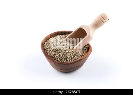 Semi di canapa di cannabis in paletta su bianco Foto Stock