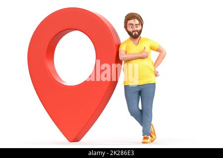 Uomo casual vestito appoggiato sulla mappa pin posizione. Concetto di navigazione. Isolato. 3D rendering Foto Stock