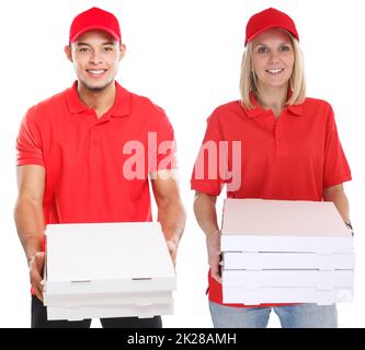 Pizza ragazzo ragazza consegna ordine di consegna lavoro giovane isolato su bianco Foto Stock