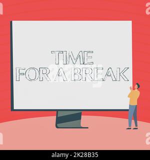 Scrittura visualizzazione del tempo di visualizzazione del testo per una pausa. Business Concept fare una pausa dal lavoro o qualsiasi altra attività rilassare uomo in piedi disegno guardando il grande monitor Display mostrando le notizie. Foto Stock