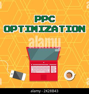 Ottimizzazione PPC per la scrittura a mano del testo. Parola per il miglioramento della piattaforma di Search Engine per paga per il laptop di scatto che riposa su Una tabella accanto alla tazza del caffè e alla pianta che mostra il processo di lavoro. Foto Stock
