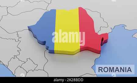 Illustrazione della mappa della Romania 3D. Immagine di rendering 3D e parte di una serie. Foto Stock