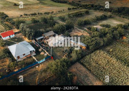 Veduta aerea di case di campagna lussureggianti pascoli e terreni agricoli d'Europa. Bella campagna rumena con campi verde smeraldo e prati. Foto Stock