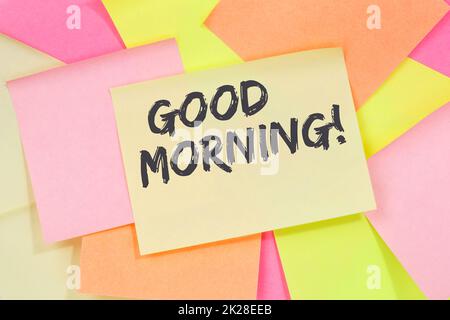 Buongiorno saluto benvenuto messaggio business concept note paper Foto Stock
