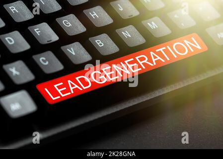 Simbolo di testo che mostra la generazione di lead. Parola scritta sulla coltivazione del potenziale cliente collegato al business entrando nuovo concetto chiave di prodotto, digitando Movie Subtitle Software Foto Stock