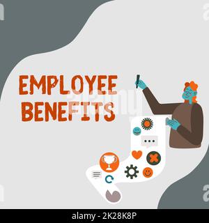 Didascalia concettuale vantaggi per i dipendenti. Business Concept compenso indiretto e non in contanti pagato a un dipendente Lady Presenting Paper che mostra i suoi risultati obiettivi idee progetto. Foto Stock