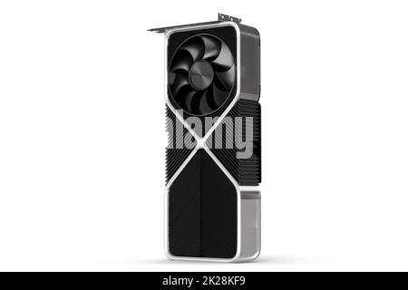 Scheda grafica del computer isolata su sfondo bianco. 3D rendering Foto Stock