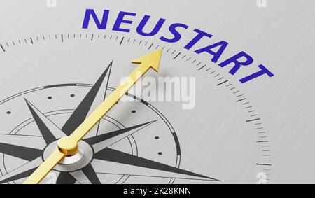 Ago bussola che punta al testo Restart in german - Neustart - 3D render Foto Stock