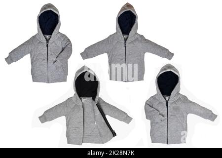 Collage Set di una giacca sportiva con cappuccio grigio alla moda o cardigan per bambino in varie viste isolate su uno sfondo bianco. Moda primavera, autunno e inverno per bambini. Foto Stock