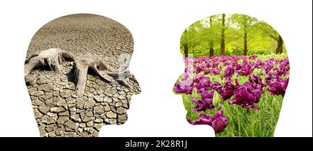 Due volti, uno con un deserto asciutto, l'altro con fiori freschi, cambiamento climatico, riscaldamento globale, conversazione ambientale, ecologia mondiale Foto Stock