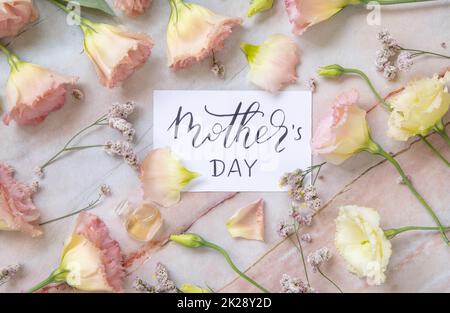 Scheda con il testo GIORNO DELLA MADRE circondato da fiori rosa Foto Stock