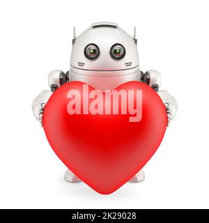 3D Robot che tiene un cuore rosso. Isolato Foto Stock
