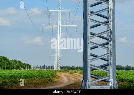 Torre di trasmissione su un campo di fondo di fagioli di soia Foto Stock