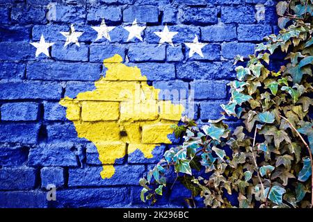 Bandiera di grunge della Repubblica del Kosovo sul muro di mattoni con pianta di edera Foto Stock