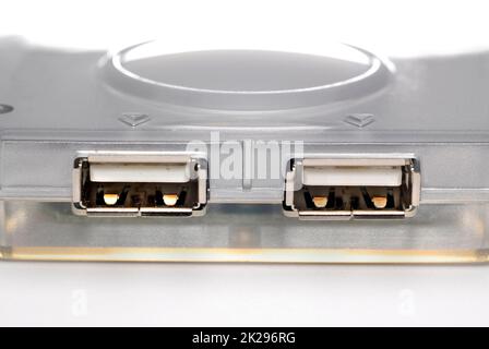 Macro immagine di un connettore USB in un dispositivo di comunicazione Foto Stock