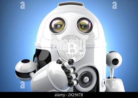 Robot guardando bitcoin moneta nelle sue mani. 3D'illustrazione. Contiene il percorso di clipping Foto Stock