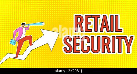 Firma scritta a mano Retail Security. Concetto che significa processo che beni venduti al pubblico in un modo sicuro Man Drawing Holding Graph freccia che mostra la crescita aziendale. Foto Stock