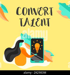 Ispirazione che mostra segno Converti talento. Panoramica aziendale per portare oltre da una speciale abilità naturale o aptitude Lady schermo di pressione del telefono cellulare che mostra la tecnologia futuristica. Foto Stock