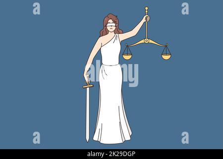 Lady Justice bendato tenere spada e scale Foto Stock