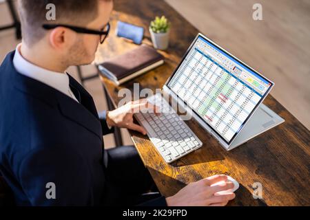 Analista o revisore di fogli elettronici che utilizza il software Foto Stock