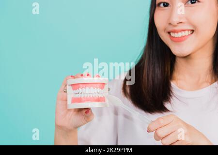 donna giovane sorridente mostrando dimostrazione su falso mascella come spazzolare denti su denti puliti Foto Stock