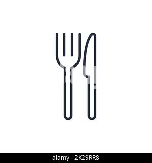 Elegante icona a forchetta e coltello con linea sottile isolata su sfondo bianco - Vector Foto Stock
