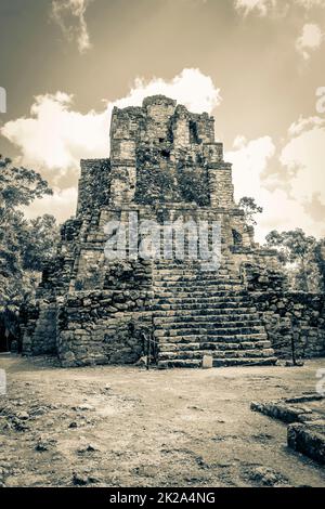 Antico sito maya con rovine tempio piramidi artefatti Muyil Messico. Foto Stock