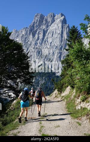 Austria, Tirolo, montagna del Wilder Kaiser, montagna di Predigtstuhl, paesaggio, Kaiserbachtal, escursionisti Foto Stock