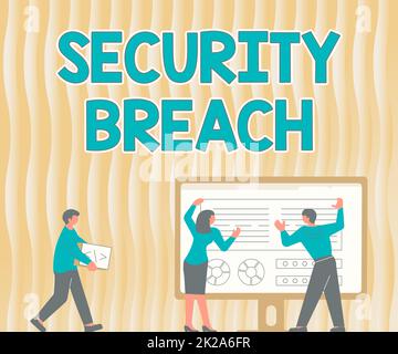 Ispirazione che mostra la violazione della sicurezza del segno. Incidente relativo alla panoramica aziendale che determina l'accesso non autorizzato ai dati dei colleghi che disegnano in piedi accanto al grafico proiezione tabella Foto Stock