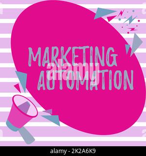 Automazione del marketing del testo della scrittura a mano. Panoramica aziendale Software utilizzato dall'azienda per indirizzare efficacemente il cliente Megaphone Drawing Speaking to Chat Cloud Making Announcement. Foto Stock