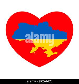Cuore rosso e Ucraina mappa. Astratto bandiera Ucraina blu gialla con simbolo d'amore. Idea concettuale - con l'Ucraina nel suo cuore. Sostegno patriottico al paese durante l'occupazione. Pregate per l'ucraina. Foto Stock