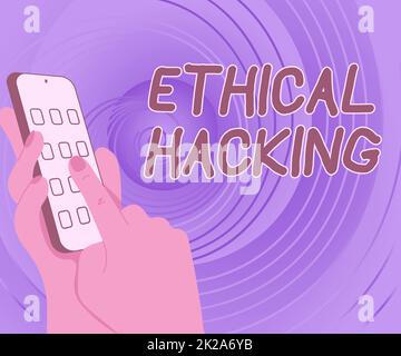 Scrittura a mano segno Etical Hacking. Approccio aziendale atto di individuare i punti deboli e le vulnerabilità del computer Hands Holding dispositivo tecnologico premendo il pulsante applicazione. Foto Stock