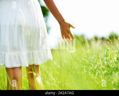 Toccare la natura. Vista ritagliata di una giovane donna che cammina attraverso un campo verde. Foto Stock