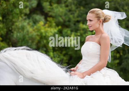 Cavalcando per incontrare il suo cavaliere bianco il giorno speciale. Una bellissima sposa giovane che guida un cavallo bianco il suo giorno di nozze. Foto Stock