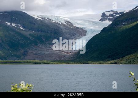 Paesaggi meravigliosi in Norvegia. Nordland. Splendido scenario del ghiacciaio Svartisen. Engabreen dalla vista Holandsfjorden. Montagne, alberi, rocce e. Foto Stock