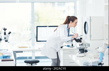 Osservare e prendere appunti. Scatto corto di una giovane scienziata focalizzata che conduce esperimenti all'interno di un laboratorio durante il giorno. Foto Stock