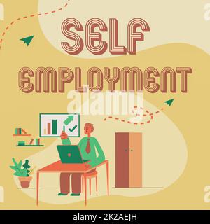 Visualizzazione concettuale Self Employment. Idea di business lavorare per se stessi come freelance o il proprietario di un uomo d'affari seduto sulla scrivania lavorare e presentare nuove tecnologie. Foto Stock