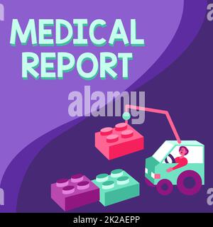 Didascalia di testo che presenta il referto medico. Rapporto di approccio aziendale dei risultati di un esame medico di un paziente uomo in gru in movimento intorno blocchi presentando nuove idee. Foto Stock