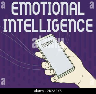 Didascalia concettuale intelligenza emotiva. Word for Self and Social Awareness gestire le relazioni bene mano tenere dispositivo mobile con schermo vuoto che mostra la nuova tecnologia. Foto Stock