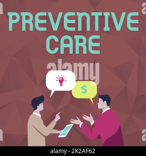 Ispirazione che mostra il segno di cura preventiva. Panoramica aziendale prevenzione Salute Test diagnostici Consulenza medica due uomini colleghi in piedi condividere pensieri insieme con Speech Bubbles Foto Stock