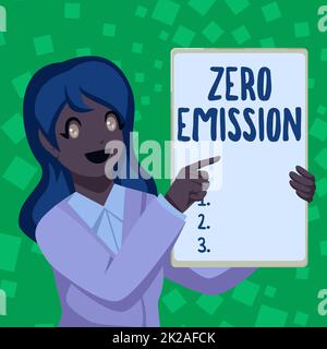 Inspirazione che mostra il segno Zero Emission. Business Approach Zero Emission Business Woman Drawing Holding Blank White Board Presentazione Annunci Foto Stock