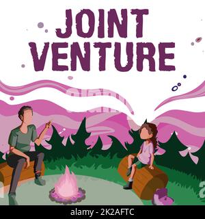 Didascalia di testo che presenta Joint Venture. Business showcase business partnership investito congiuntamente da due o più aziende Padre e figlia seduto accanto a Campfire godendo Camping at the Park Foto Stock