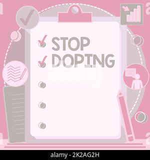 Testo che mostra l'ispirazione Interrompi il doping. Internet Concept abbandonare l'uso di prestazioni atletiche bandite migliorare le droghe Clipboard disegno con Checklist segnato Done elementi sulla lista. Foto Stock