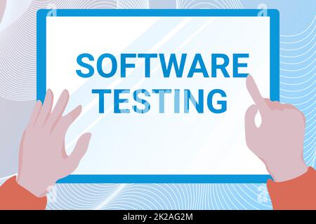 Test del software di visualizzazione concettuale. Attività di Business Concept per verificare se i risultati corrispondono alle mani previste Illustrazione tenendo in mano il disegno su Tablet Spree che mostra le informazioni. Foto Stock