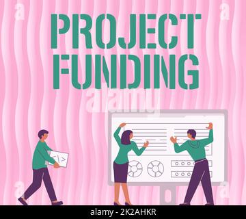 Didascalia di testo Presentazione del finanziamento del progetto, capitale del concetto Internet richiesto per intraprendere un progetto o un programma colleghi disegno Standing accanto a Tabl Foto Stock