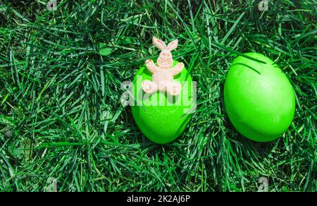 Un giocattolo di coniglio e due uova di Pasqua decorative nell'erba verde. Vista dall'alto, spazio di copia Foto Stock