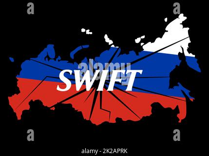 Divieto di operazioni finanziarie nel sistema di pagamento Swift. Testo concettuale con mappa russa sullo sfondo. Sanzioni contro la Russia, e il distacco da SWIFT attraverso la guerra contro l'Ucraina. Foto Stock