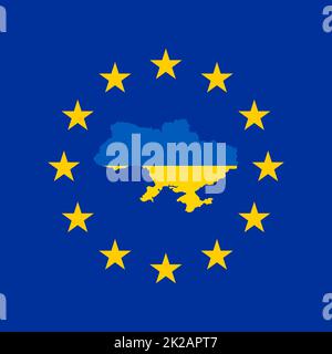 Bandiera blu dell'Unione europea con stelle gialle e mappa dell'Ucraina a colori della bandiera nazionale. L'Unione europea accetta la domanda di adesione di Ukraineâ, procedura speciale di ammissione avviata. Pregate per l'Ucraina. Foto Stock