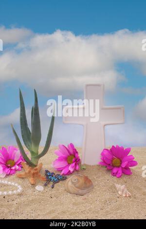 Conchiglie e Fiore di sabbia con croce Foto Stock
